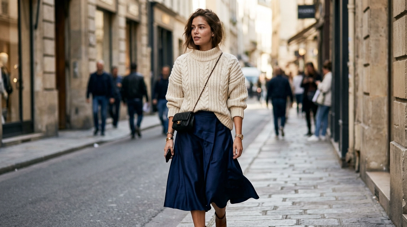 A close-up shot of a woman wearing a heavy-weight cream ribbed knit sweater paired with a structured silk skirt, photorealistic luxury editorial fashion street style, shot on 35mm lens, highly detailed, ultra-realistic, soft natural lighting, editorial aesthetic, no text, no typography --ar 16:9