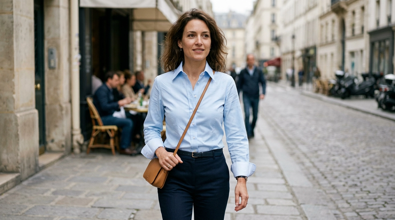 A woman wearing a perfectly pressed light blue poplin shirt with sharp collars and cuffs, photorealistic luxury editorial fashion street style, shot on 35mm lens, highly detailed, ultra-realistic, soft natural lighting, editorial aesthetic, no text, no typography --ar 16:9