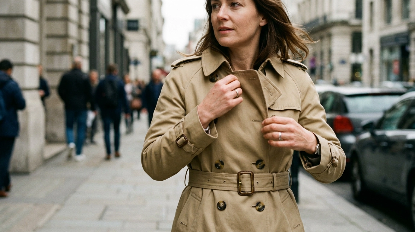 A woman’s torso showing a tan trench coat with high-quality horn buttons and a heavy brass buckle, photorealistic luxury editorial fashion street style, shot on 35mm lens, highly detailed, ultra-realistic, soft natural lighting, editorial aesthetic, no text, no typography --ar 16:9