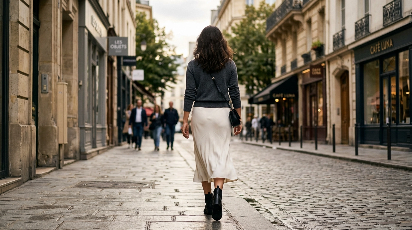 A woman walking away in a sleek, ivory midi-skirt that shows no lines, photorealistic luxury editorial fashion street style, shot on 35mm lens, highly detailed, ultra-realistic, soft natural lighting, editorial aesthetic, no text, no typography --ar 16:9