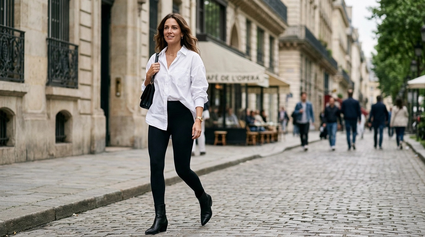 A woman wearing an oversized white button-down shirt tucked into slim-fit black leggings with pointed boots, photorealistic luxury editorial fashion street style, shot on 35mm lens, highly detailed, ultra-realistic, soft natural lighting, editorial aesthetic, no text, no typography --ar 16:9
