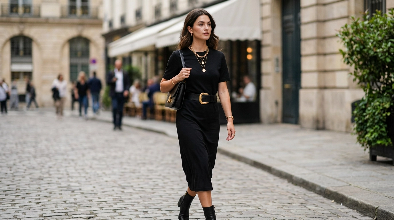 A woman wearing a basic black dress elevated by a thick leather belt with a gold buckle and layered gold necklaces, photorealistic luxury editorial fashion street style, shot on 35mm lens, highly detailed, ultra-realistic, soft natural lighting, editorial aesthetic, no text, no typography --ar 16:9
