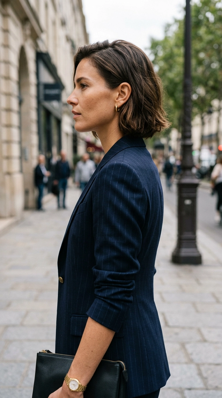 A close-up side profile of a woman in a perfectly fitted navy pinstripe suit, the shoulder seam sitting exactly at the edge of her shoulder, photorealistic luxury editorial fashion street style, shot on 35mm lens, highly detailed, ultra-realistic, soft natural lighting, editorial aesthetic, no text, no typography --ar 9:16