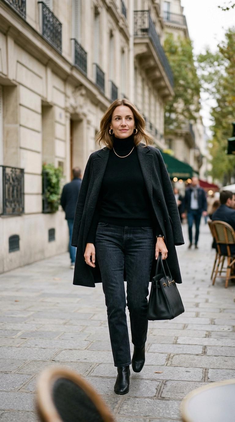 A woman wearing a simple black turtleneck and gold hoop earrings, holding a structured leather handbag, looking minimalist and chic, photorealistic luxury editorial fashion street style, shot on 35mm lens, highly detailed, ultra-realistic, soft natural lighting, editorial aesthetic, no text, no typography --ar 9:16