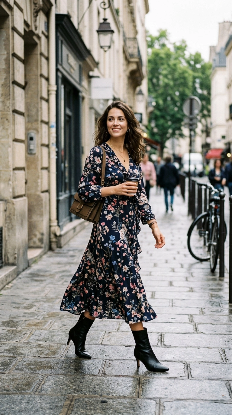 A woman in a feminine floral midi dress paired with sleek pointed-toe boots, standing on a city sidewalk, photorealistic luxury editorial fashion street style, shot on 35mm lens, highly detailed, ultra-realistic, soft natural lighting, editorial aesthetic, no text, no typography --ar 9:16