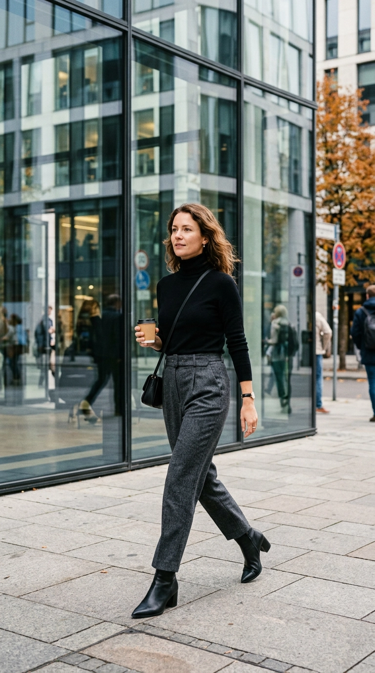 A woman wearing high-waisted charcoal wool trousers, a tucked-in black cashmere turtleneck, and pointed-toe leather boots, walking past a glass-fronted office building, photorealistic luxury editorial fashion street style, shot on 35mm lens, highly detailed, ultra-realistic, soft natural lighting, editorial aesthetic, --ar 9:16
