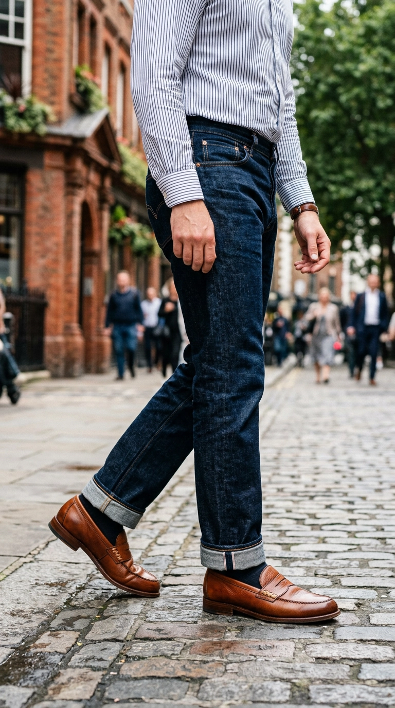 Close-up of dark indigo selvage denim jeans paired with cognac leather loafers and a crisp pinstripe button-down shirt, photorealistic luxury editorial fashion street style, shot on 35mm lens, highly detailed, ultra-realistic, soft natural lighting, editorial aesthetic, --ar 9:16
