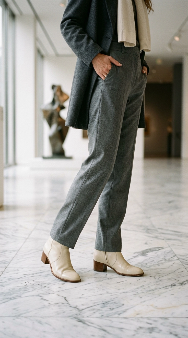 Polished cream-colored leather ankle boots with a modest block heel, styled with tailored grey trousers, standing on a marble floor, photorealistic luxury editorial fashion street style, shot on 35mm lens, highly detailed, ultra-realistic, soft natural lighting, editorial aesthetic, --ar 9:16