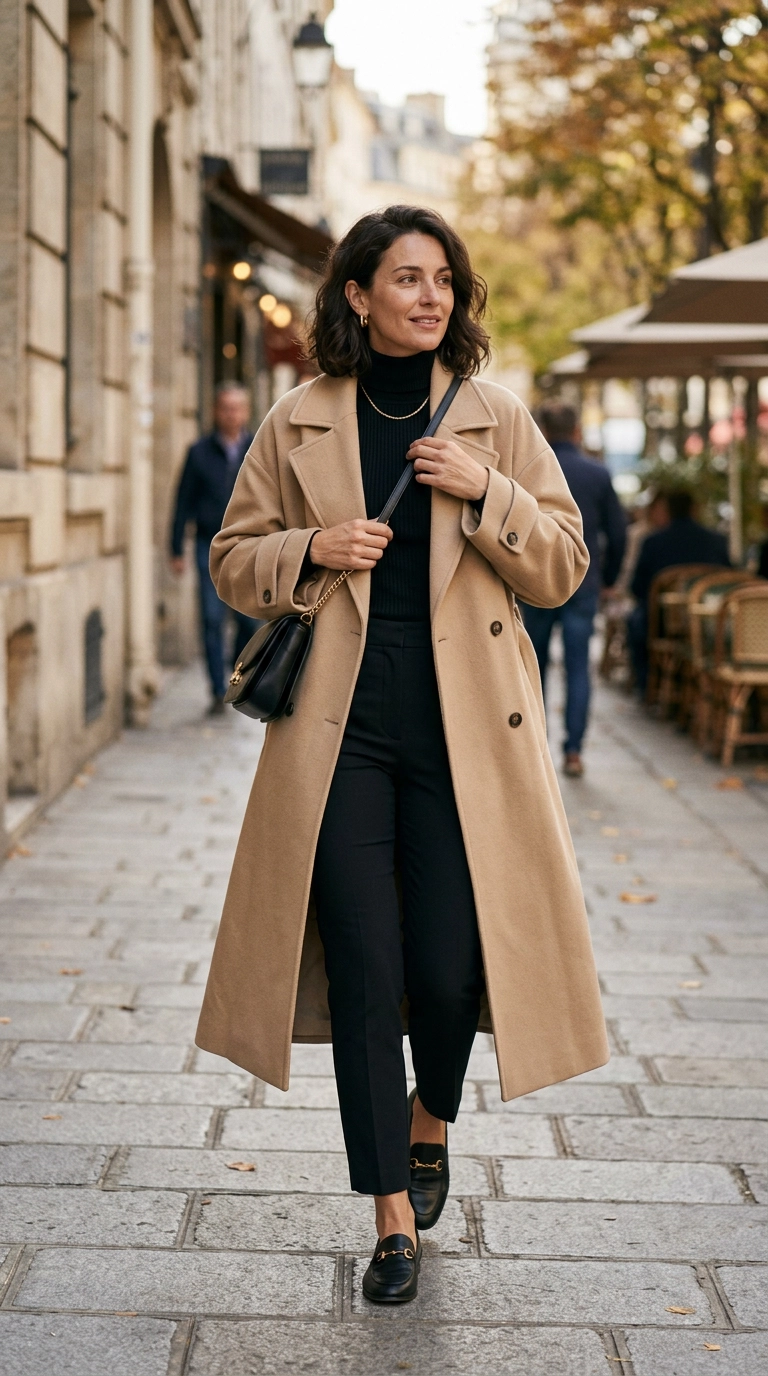 A woman wearing an oversized beige trench coat over a fitted black ribbed top and slim-cut trousers, creating a balanced silhouette, photorealistic luxury editorial fashion street style, shot on 35mm lens, highly detailed, ultra-realistic, soft natural lighting, editorial aesthetic, --ar 9:16