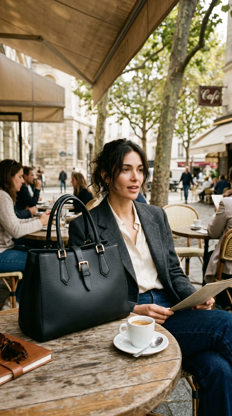 A sleek, structured black leather tote bag with gold hardware, sitting on an outdoor cafe table next to an espresso, photorealistic luxury editorial fashion street style, shot on 35mm lens, highly detailed, ultra-realistic, soft natural lighting, editorial aesthetic, --ar 9:16