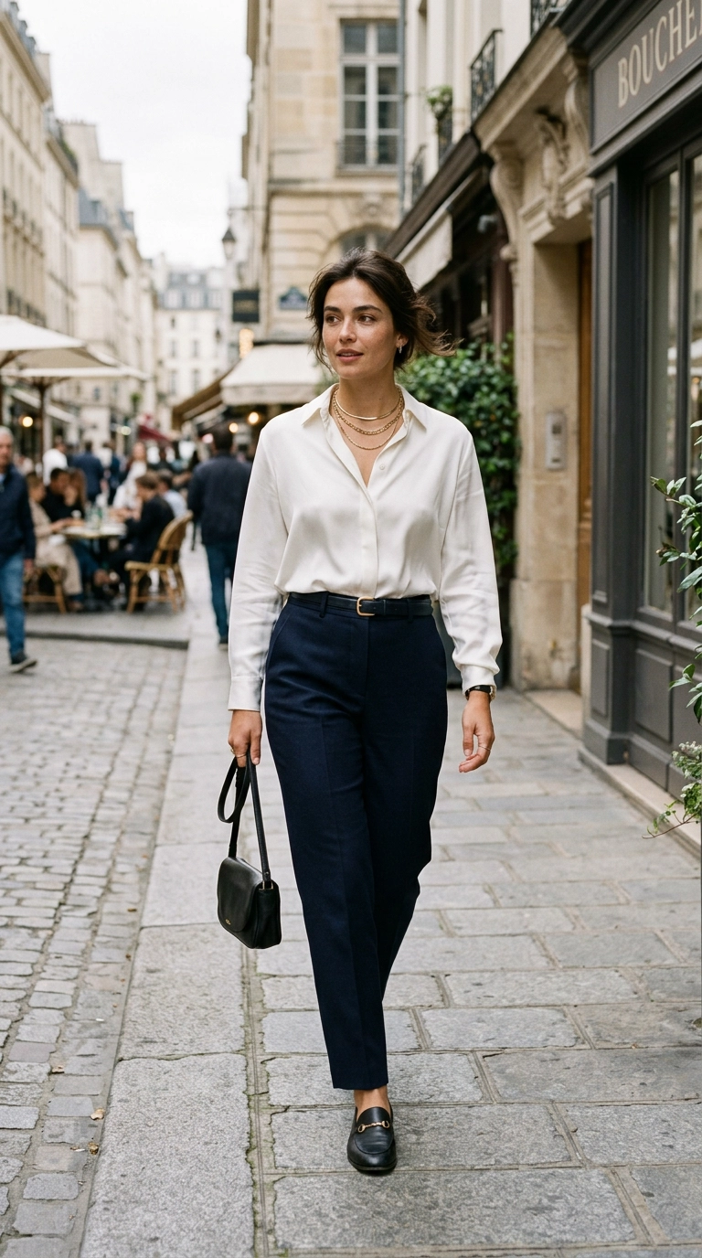 A woman wearing a thick, high-quality white silk blouse that is opaque, styled with a gold necklace and structured trousers, photorealistic luxury editorial fashion street style, shot on 35mm lens, highly detailed, ultra-realistic, soft natural lighting, editorial aesthetic, --ar 9:16