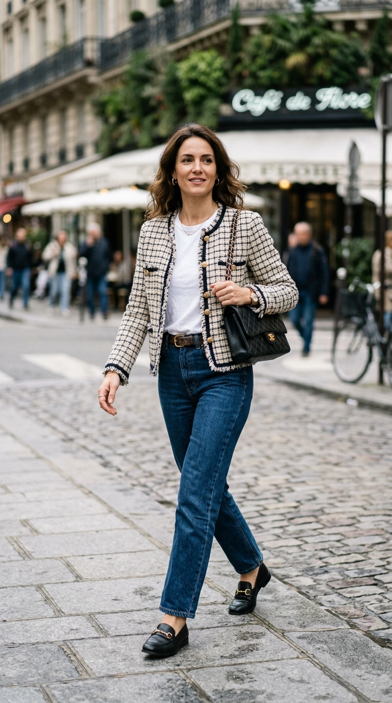 A chic woman wearing jeans and a t-shirt, elevated by a structured tweed jacket and a designer leather handbag, photorealistic luxury editorial fashion street style, shot on 35mm lens, highly detailed, ultra-realistic, soft natural lighting, editorial aesthetic, --ar 9:16