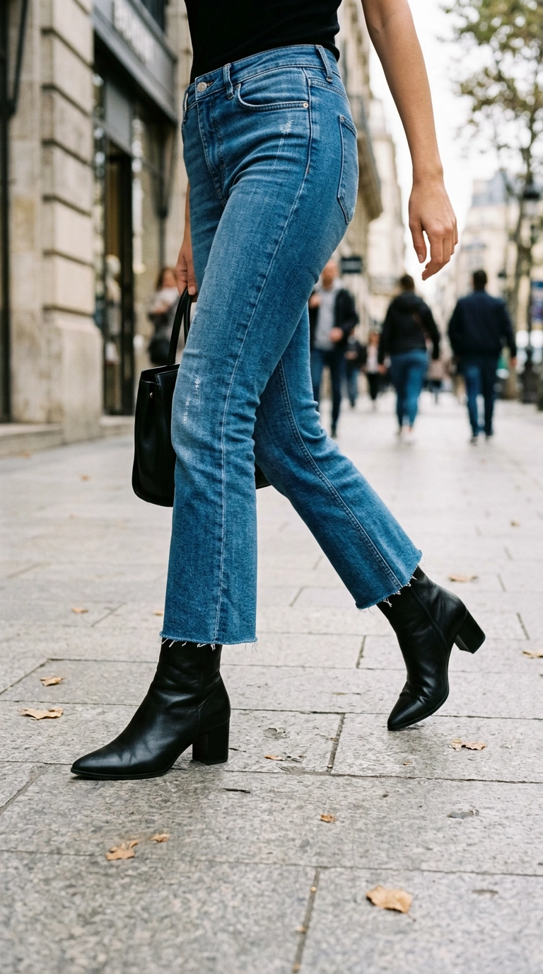 A street style shot of a woman's legs wearing cropped flared jeans with sleek pointed-toe ankle boots, walking on a clean city sidewalk, photorealistic luxury editorial fashion street style, shot on 35mm lens, highly detailed, ultra-realistic, soft natural lighting, editorial aesthetic, no text --ar 9:16