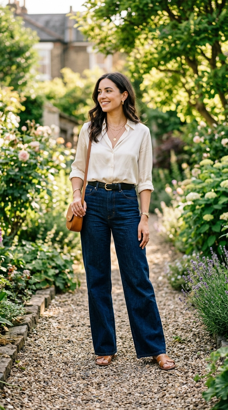 A woman wearing high-waisted wide-leg jeans with a tucked-in silk blouse, standing in a sunlit garden, photorealistic luxury editorial fashion street style, shot on 35mm lens, highly detailed, ultra-realistic, soft natural lighting, editorial aesthetic, no text --ar 9:16