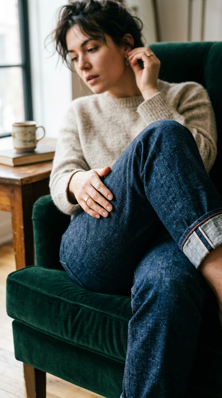 Close up of high-quality raw denim fabric texture on a woman sitting on a velvet chair, showing the rich indigo weave, photorealistic luxury editorial fashion street style, shot on 35mm lens, highly detailed, ultra-realistic, soft natural lighting, editorial aesthetic, no text --ar 9:16