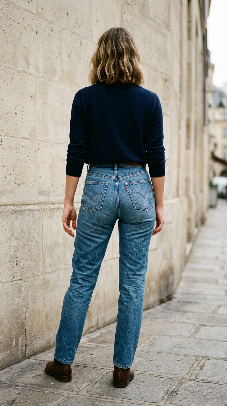 Rear view of a woman wearing high-waisted vintage wash jeans with perfectly centered pockets, standing against a minimalist limestone wall, photorealistic luxury editorial fashion street style, shot on 35mm lens, highly detailed, ultra-realistic, soft natural lighting, editorial aesthetic, no text --ar 9:16