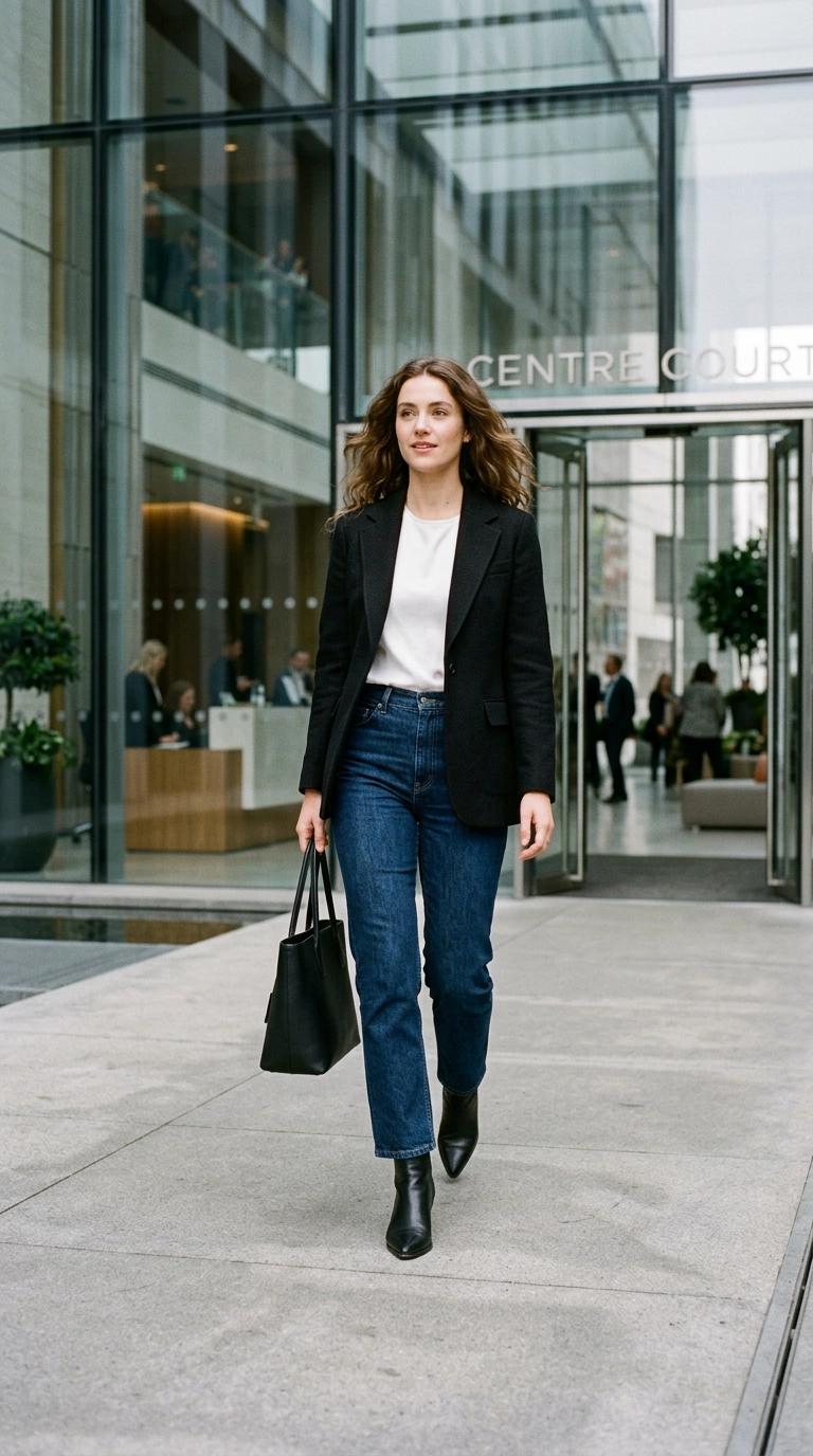 A woman wearing clean, dark wash straight-leg jeans with a tailored blazer, walking into a modern office building, photorealistic luxury editorial fashion street style, shot on 35mm lens, highly detailed, ultra-realistic, soft natural lighting, editorial aesthetic, no text --ar 9:16