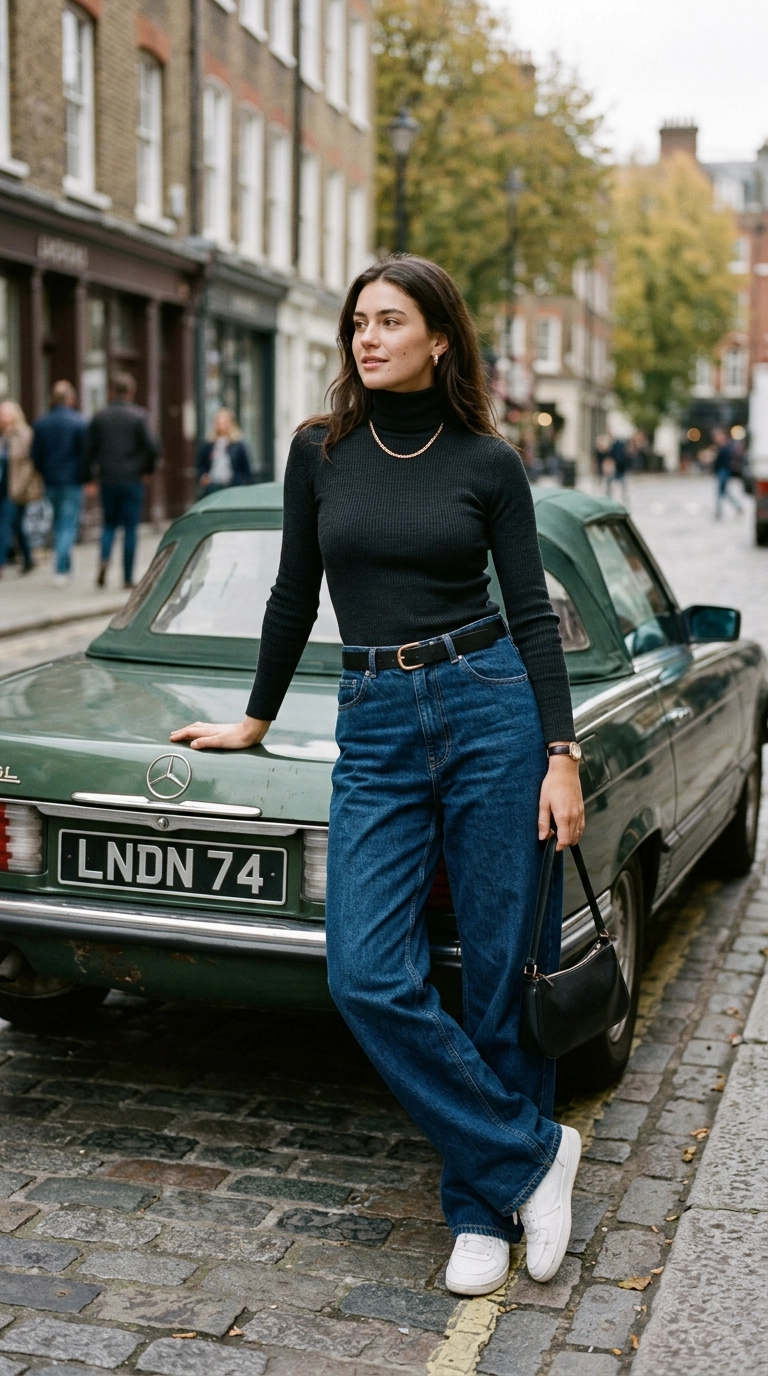 A woman wearing perfectly tailored oversized baggy jeans with a slim turtleneck, leaning against a vintage car, photorealistic luxury editorial fashion street style, shot on 35mm lens, highly detailed, ultra-realistic, soft natural lighting, editorial aesthetic, no text --ar 9:16