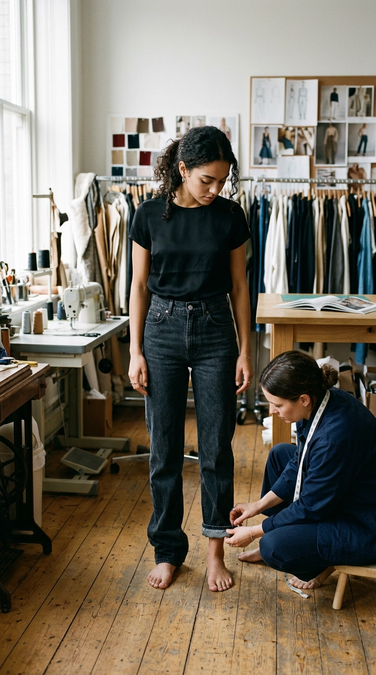 A fashion editor's studio with a woman getting her jeans pinned for a perfect hem, photorealistic luxury editorial fashion street style, shot on 35mm lens, highly detailed, ultra-realistic, soft natural lighting, editorial aesthetic, no text --ar 9:16
