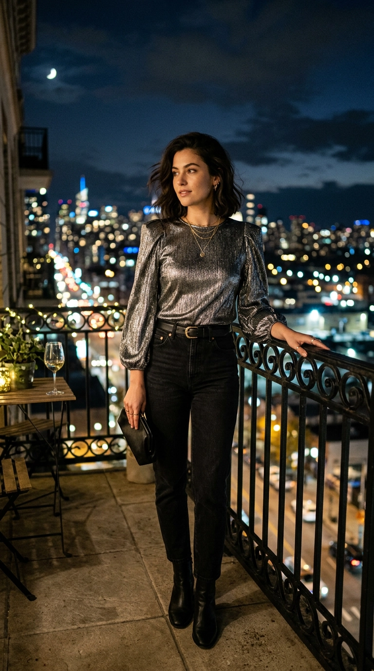 A woman in a chic evening look with black denim and a metallic top, standing on a balcony at night, photorealistic luxury editorial fashion street style, shot on 35mm lens, highly detailed, ultra-realistic, soft natural lighting, editorial aesthetic, no text --ar 9:16