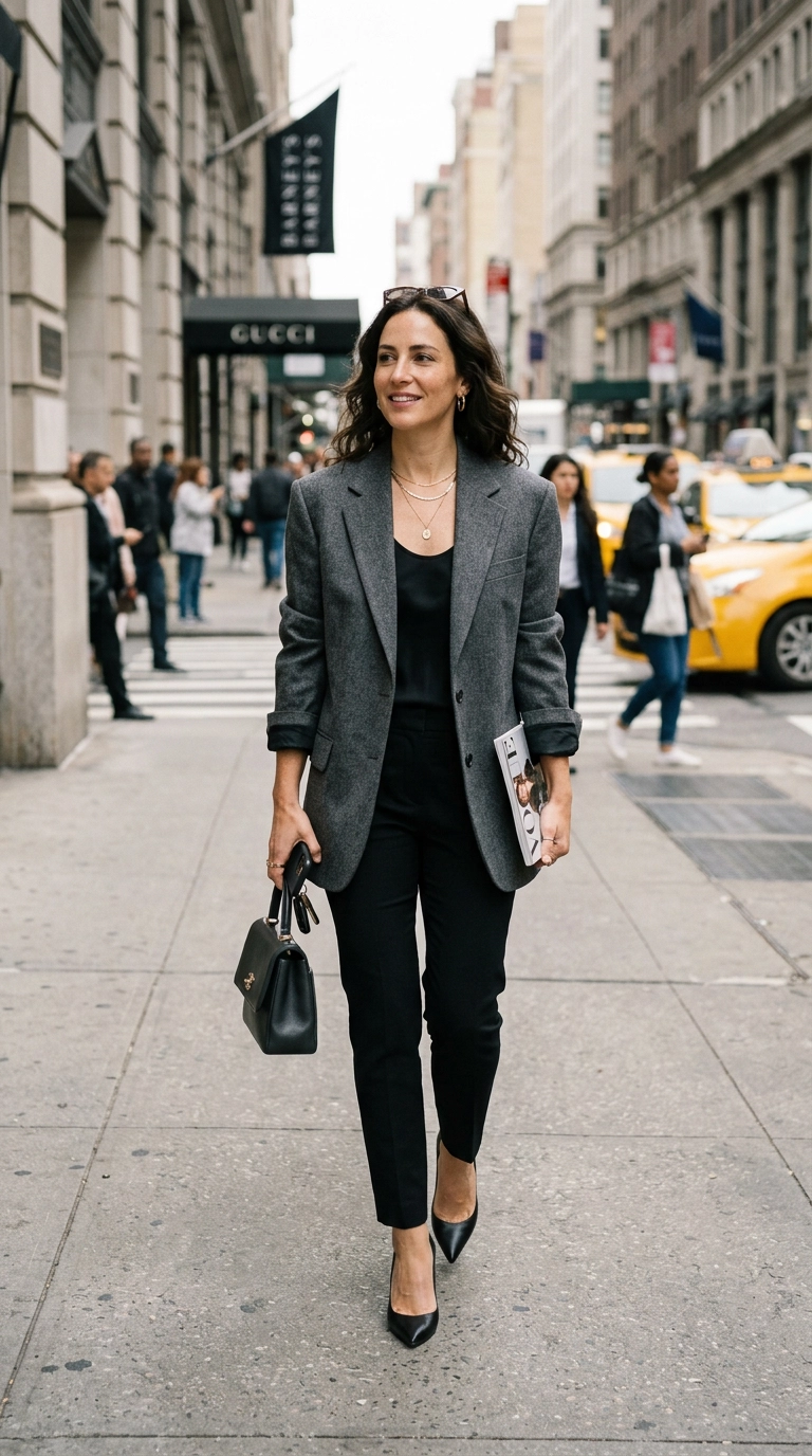 A fashion editor in New York wearing an oversized charcoal blazer balanced with slim-fit tapered black trousers and pointed-toe heels, photorealistic luxury editorial fashion street style, shot on 35mm lens, highly detailed, ultra-realistic, soft natural lighting, editorial aesthetic. --ar 9:16