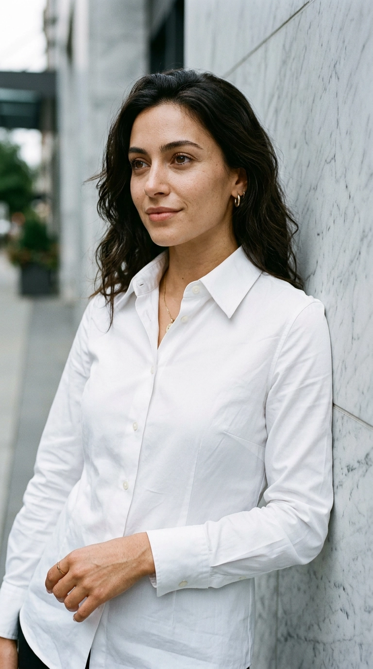 A close-up shot of a woman wearing a crisp, expertly pressed white poplin shirt with sharp collars, leaning against a minimalist marble wall, photorealistic luxury editorial fashion street style, shot on 35mm lens, highly detailed, ultra-realistic, soft natural lighting, editorial aesthetic. --ar 9:16