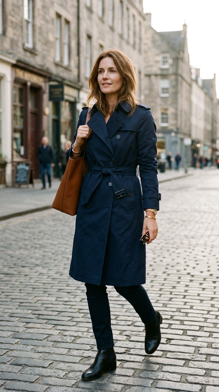 A woman wearing a perfectly fitted navy blue trench coat cinched at the waist, showing sleeves that hit exactly at the wrist bone, photorealistic luxury editorial fashion street style, shot on 35mm lens, highly detailed, ultra-realistic, soft natural lighting, editorial aesthetic. --ar 9:16