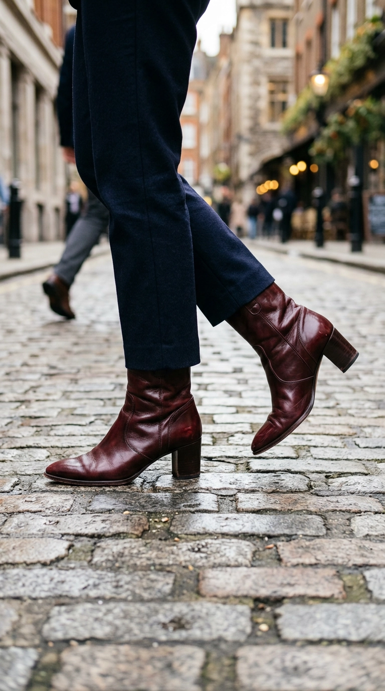 A detailed shot of polished pointed-toe leather boots in a deep burgundy color, walking on a clean cobblestone street, photorealistic luxury editorial fashion street style, shot on 35mm lens, highly detailed, ultra-realistic, soft natural lighting, editorial aesthetic. --ar 9:16