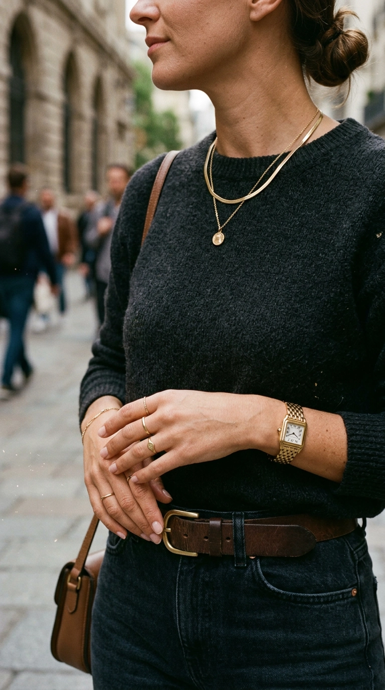 A close-up of a woman’s hands and neck featuring curated gold jewelry, a classic watch, and a simple leather belt, photorealistic luxury editorial fashion street style, shot on 35mm lens, highly detailed, ultra-realistic, soft natural lighting, editorial aesthetic. --ar 9:16