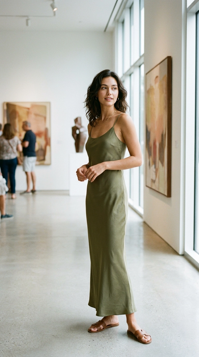 A woman in a sleek, minimalist silk slip dress that drapes perfectly without any visible lines, standing in a sunlit art gallery, photorealistic luxury editorial fashion street style, shot on 35mm lens, highly detailed, ultra-realistic, soft natural lighting, editorial aesthetic. --ar 9:16