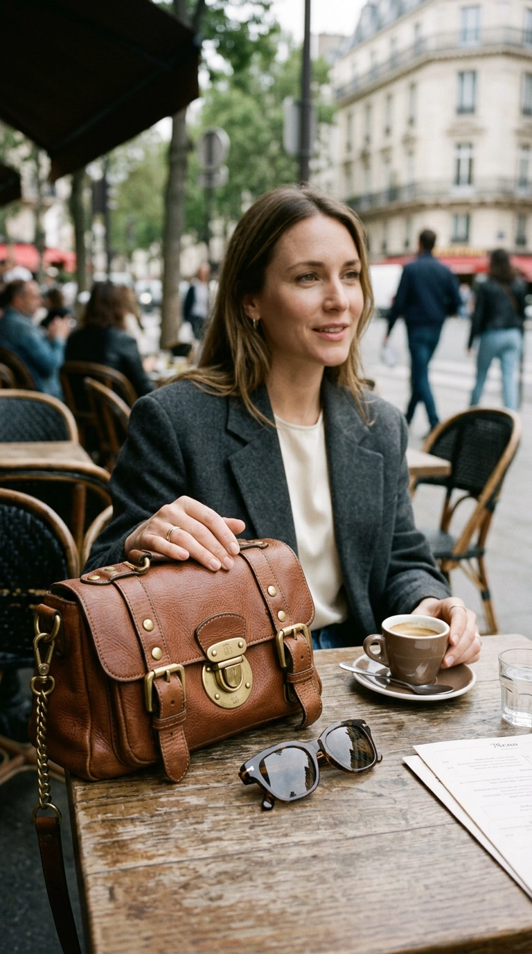 A high-quality leather handbag with heavy brass hardware resting on a café table next to a pair of sunglasses, photorealistic luxury editorial fashion street style, shot on 35mm lens, highly detailed, ultra-realistic, soft natural lighting, editorial aesthetic. --ar 9:16
