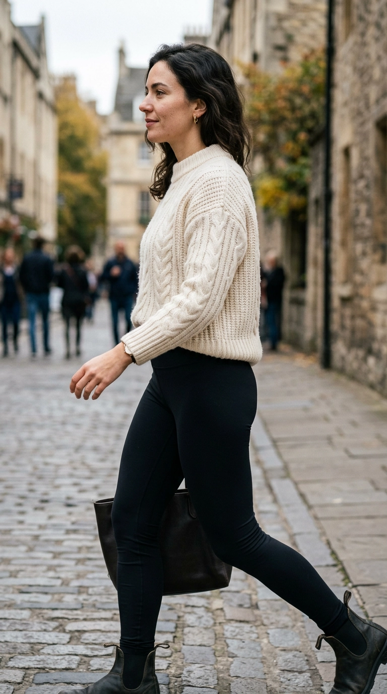 A close-up side profile of a woman in high-quality, matte black compression leggings that show no skin through the fabric, wearing a chunky knit cream cashmere sweater, photorealistic luxury editorial fashion street style, shot on 35mm lens, highly detailed, ultra-realistic, soft natural lighting, editorial aesthetic, no text --ar 9:16