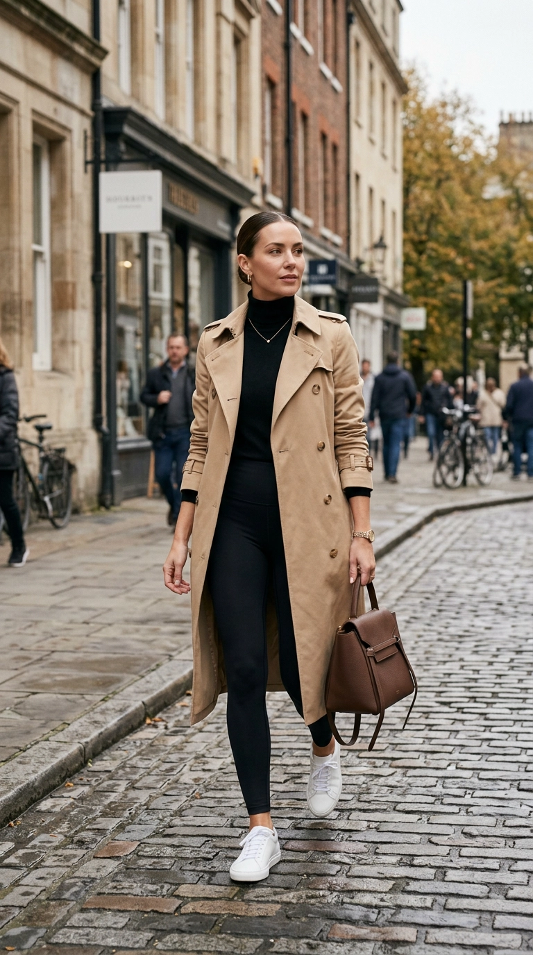 A woman wearing sleek black leggings with a tailored trench coat and a structured chocolate brown leather designer handbag, hair in a slick bun with gold hoop earrings, photorealistic luxury editorial fashion street style, shot on 35mm lens, highly detailed, ultra-realistic, soft natural lighting, editorial aesthetic, no text --ar 9:16