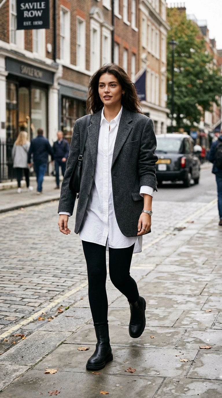 A high-fashion model walking through a London street wearing thick black leggings paired with an oversized charcoal wool blazer and a long white button-down shirt that hits mid-thigh, photorealistic luxury editorial fashion street style, shot on 35mm lens, highly detailed, ultra-realistic, soft natural lighting, editorial aesthetic, no text --ar 9:16