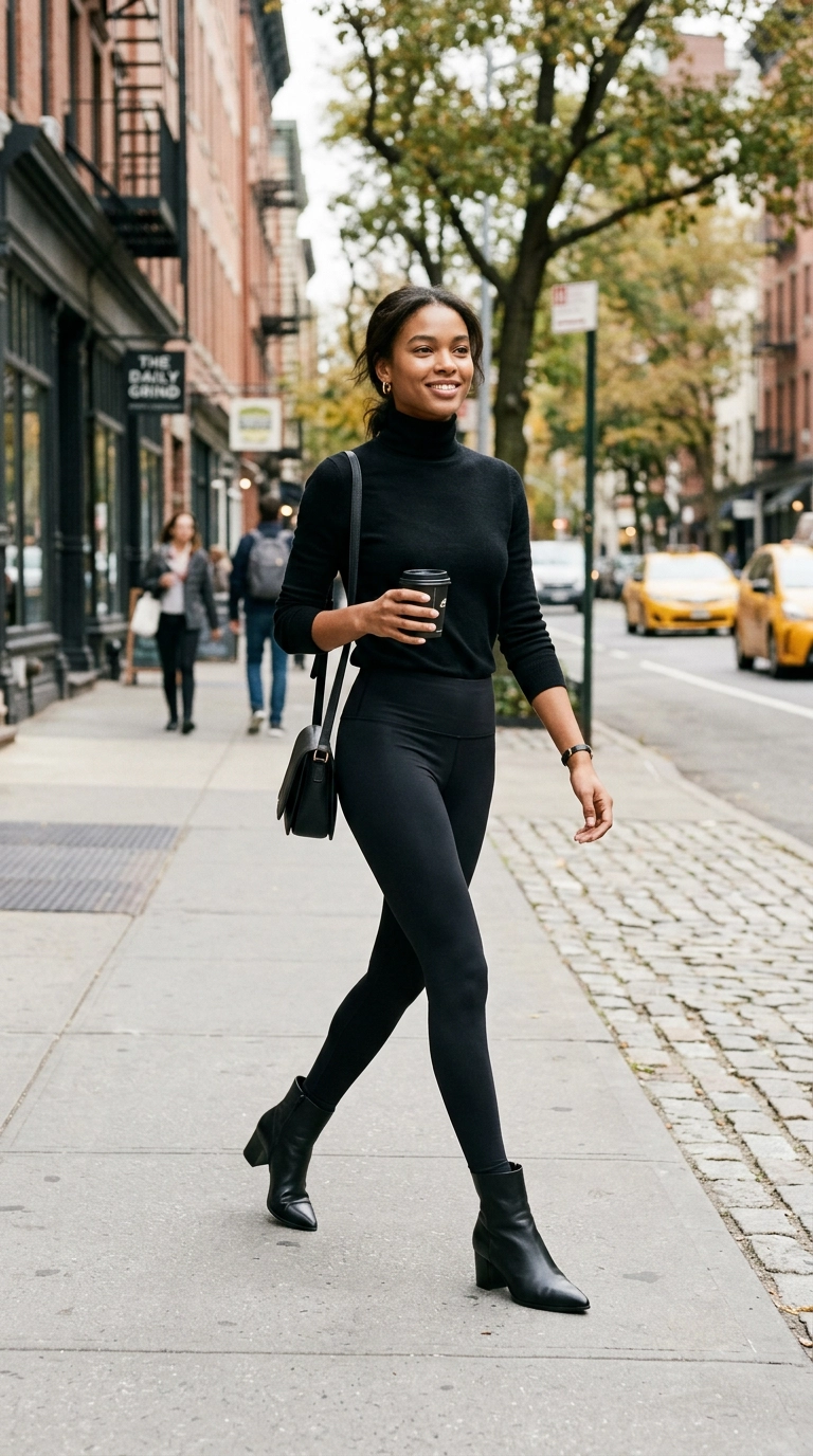 A full-body shot of a model wearing high-waisted black leggings, a black turtleneck, and sleek pointed-toe black leather ankle boots, clean New York City street background, photorealistic luxury editorial fashion street style, shot on 35mm lens, highly detailed, ultra-realistic, soft natural lighting, editorial aesthetic, no text --ar 9:16