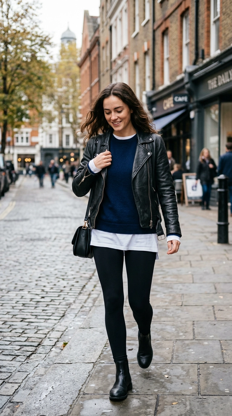 A woman layering a long white tee under a navy cashmere sweater, topped with a black leather biker jacket, paired with matte black leggings, photorealistic luxury editorial fashion street style, shot on 35mm lens, highly detailed, ultra-realistic, soft natural lighting, editorial aesthetic, no text --ar 9:16