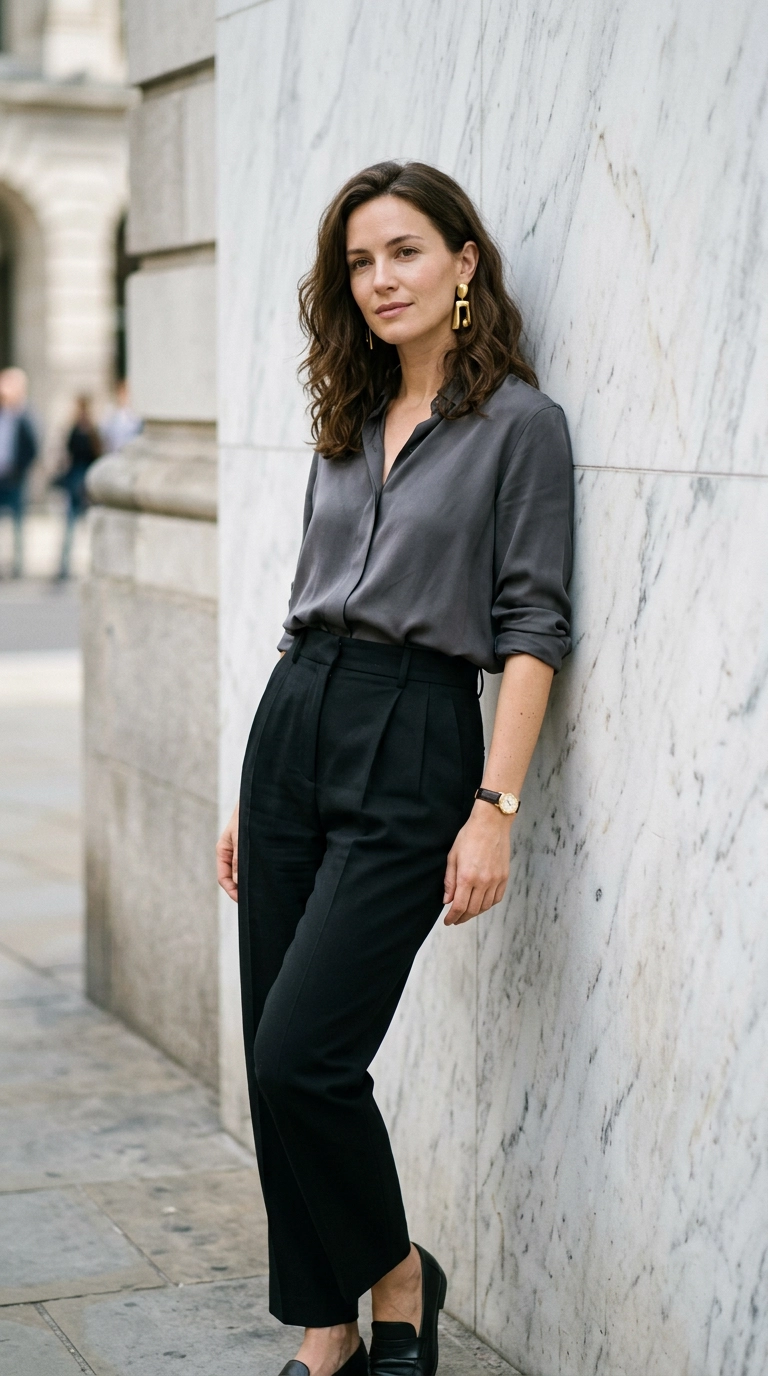 A chic woman wearing a minimalist charcoal gray silk blouse and black tailored trousers, accessorized with only a single pair of sculptural gold earrings and a vintage watch. She is leaning against a clean marble wall. Photorealistic luxury editorial fashion street style, shot on 35mm lens, highly detailed, ultra-realistic, soft natural lighting, editorial aesthetic. No text or typography. --ar 9:16