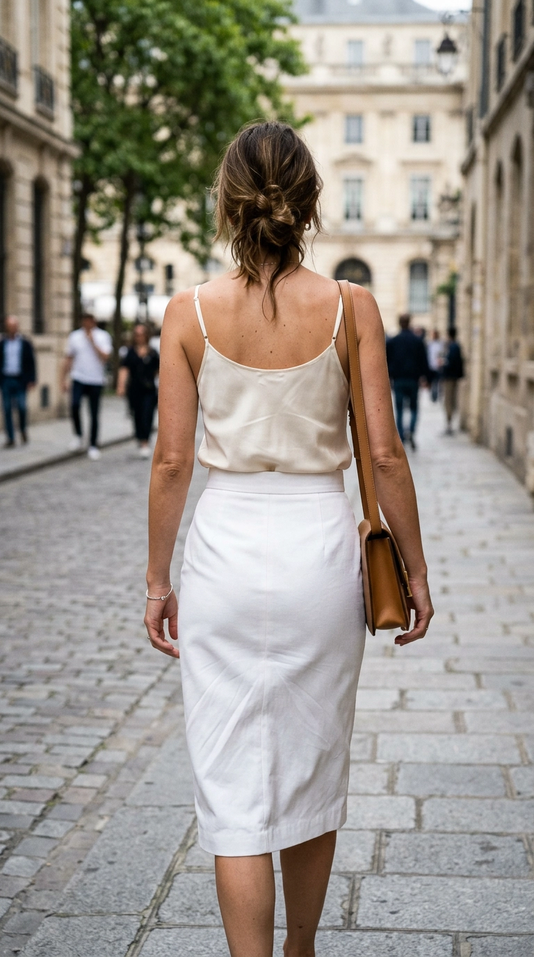 A woman seen from behind wearing a perfectly fitted, thick-fabric white pencil skirt and a tucked-in silk camisole. The silhouette is smooth and flawless. Photorealistic luxury editorial fashion street style, shot on 35mm lens, highly detailed, ultra-realistic, soft natural lighting, editorial aesthetic. No text or typography. --ar 9:16