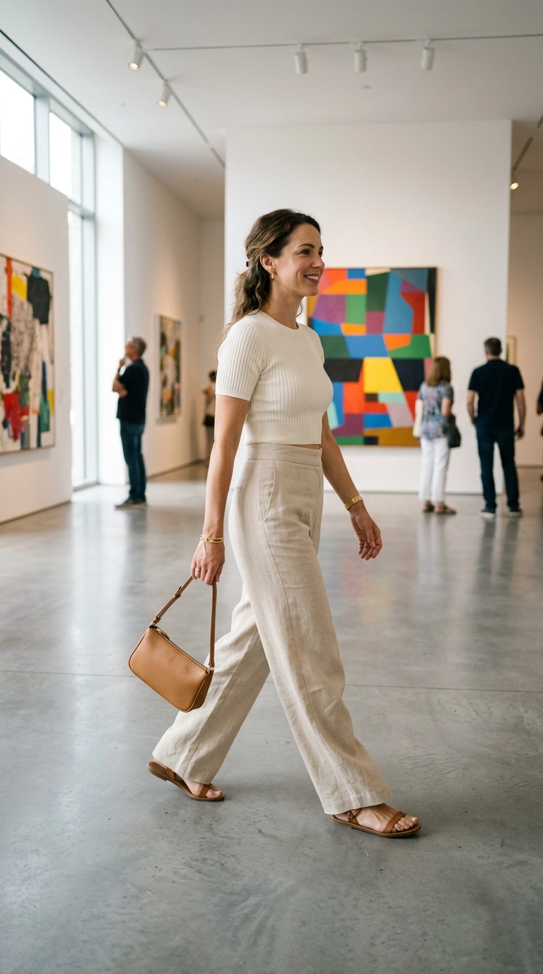 A full-body shot of a woman in high-waisted linen trousers and a cropped, fitted knit top, creating a long leg line. She is walking through a modern art gallery. Photorealistic luxury editorial fashion street style, shot on 35mm lens, highly detailed, ultra-realistic, soft natural lighting, editorial aesthetic. No text or typography. --ar 9:16