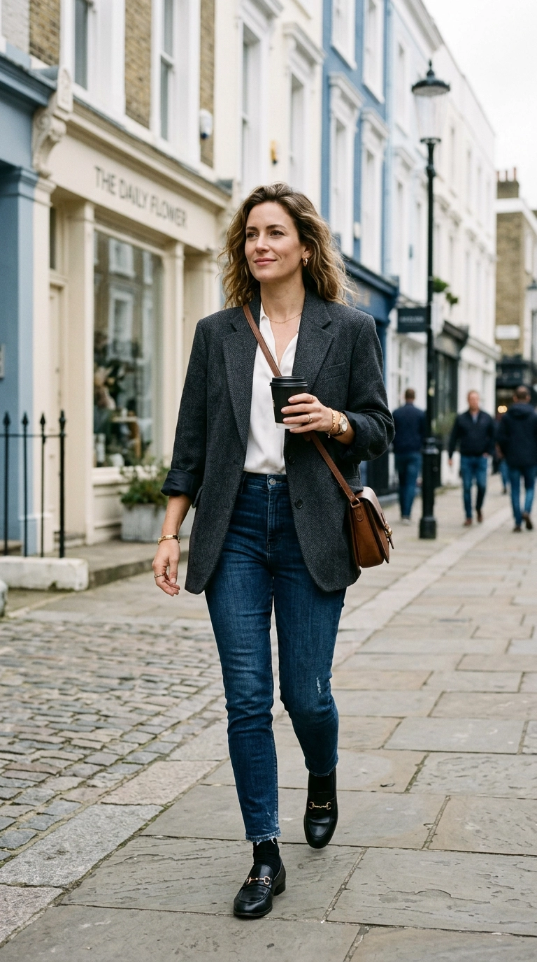 A woman wearing a tailored oversized blazer with the sleeves pushed up to her elbows, showing her wrists. She is wearing slim jeans and loafers. Photorealistic luxury editorial fashion street style, shot on 35mm lens, highly detailed, ultra-realistic, soft natural lighting, editorial aesthetic. No text or typography. --ar 9:16