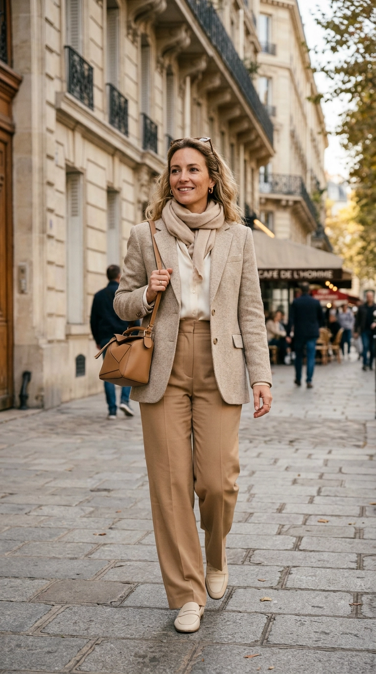 A woman wearing an outfit in various shades of beige, tan, and cream, creating a sophisticated tonal look. Photorealistic luxury editorial fashion street style, shot on 35mm lens, highly detailed, ultra-realistic, soft natural lighting, editorial aesthetic. No text or typography. --ar 9:16
