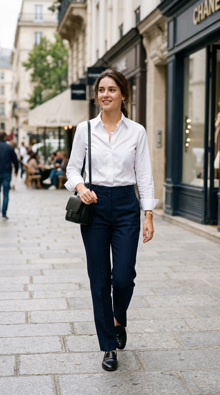 A woman in a perfectly pressed white button-down shirt tucked into navy blue trousers, looking incredibly sharp. Photorealistic luxury editorial fashion street style, shot on 35mm lens, highly detailed, ultra-realistic, soft natural lighting, editorial aesthetic. No text or typography. --ar 9:16