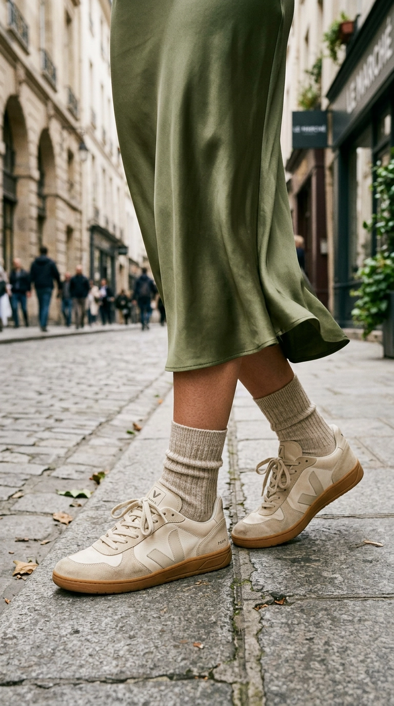 A close-up mid-shot of a woman’s feet and ankles, showing stylish neutral-toned crew socks paired with vintage-style designer sneakers and a silk slip skirt. Photorealistic luxury editorial fashion street style, shot on 35mm lens, highly detailed, ultra-realistic, soft natural lighting, editorial aesthetic. No text or typography. --ar 9:16