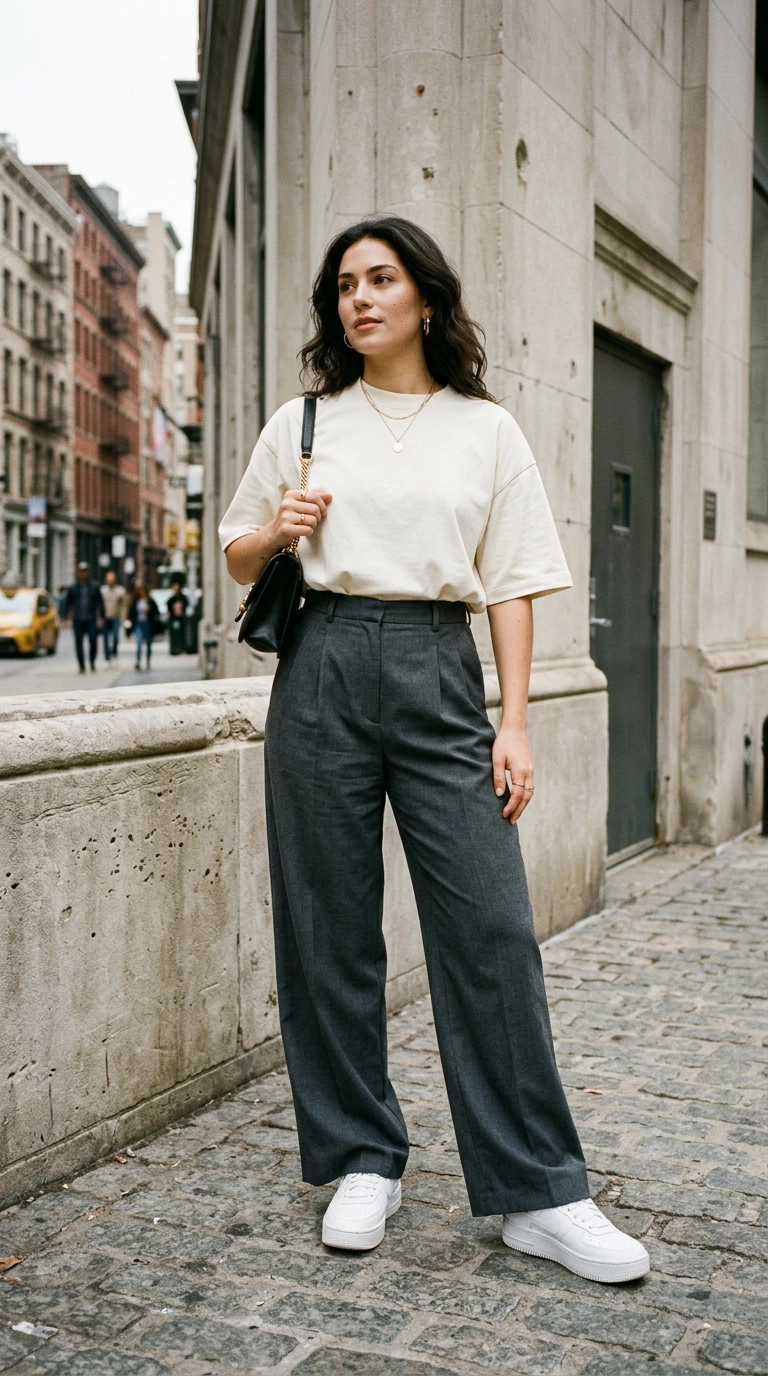 A full-body editorial shot of a woman wearing an oversized, thick cotton T-shirt expertly tucked into high-waisted wide-leg trousers, paired with sleek platform sneakers. She is standing against a minimalist limestone wall in New York. Photorealistic luxury editorial fashion street style, shot on 35mm lens, highly detailed, ultra-realistic, soft natural lighting, editorial aesthetic. No text or typography. --ar 9:16