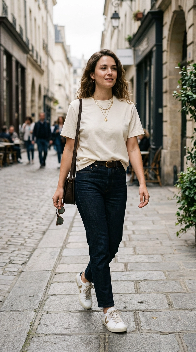A detailed shot of a woman wearing a heavy-weight, high-quality pima cotton cream T-shirt. The fabric looks structured and expensive. She is wearing gold layered necklaces and sleek white sneakers. Photorealistic luxury editorial fashion street style, shot on 35mm lens, highly detailed, ultra-realistic, soft natural lighting, editorial aesthetic. No text or typography. --ar 9:16
