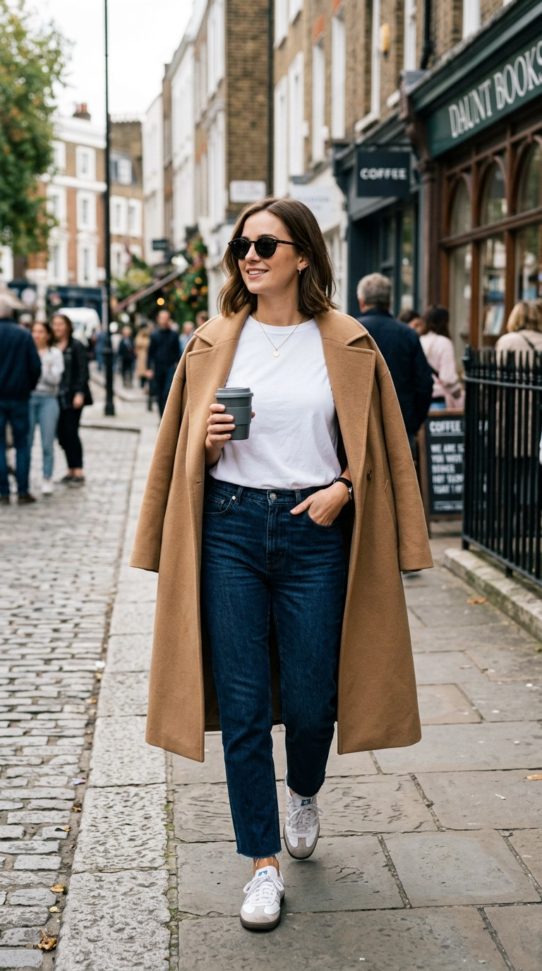 A street style shot of a woman wearing a white T-shirt and sneakers, but with a camel wool coat draped over her shoulders. She is holding a coffee cup and wearing dark sunglasses. Photorealistic luxury editorial fashion street style, shot on 35mm lens, highly detailed, ultra-realistic, soft natural lighting, editorial aesthetic. No text or typography. --ar 9:16