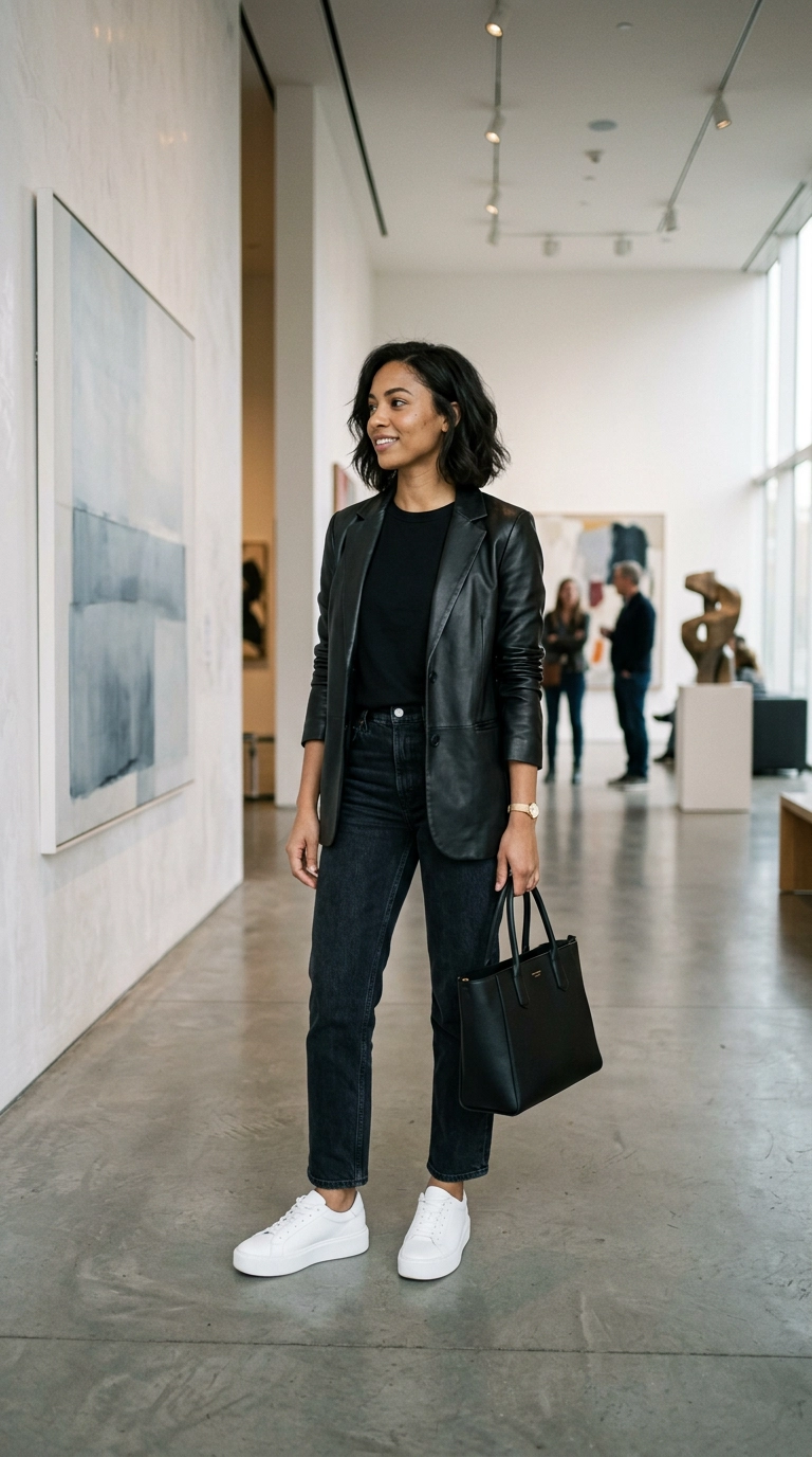 A woman standing in a modern art gallery wearing a minimalist black T-shirt, a leather blazer, and clean, white platform leather sneakers. Photorealistic luxury editorial fashion street style, shot on 35mm lens, highly detailed, ultra-realistic, soft natural lighting, editorial aesthetic. No text or typography. --ar 9:16