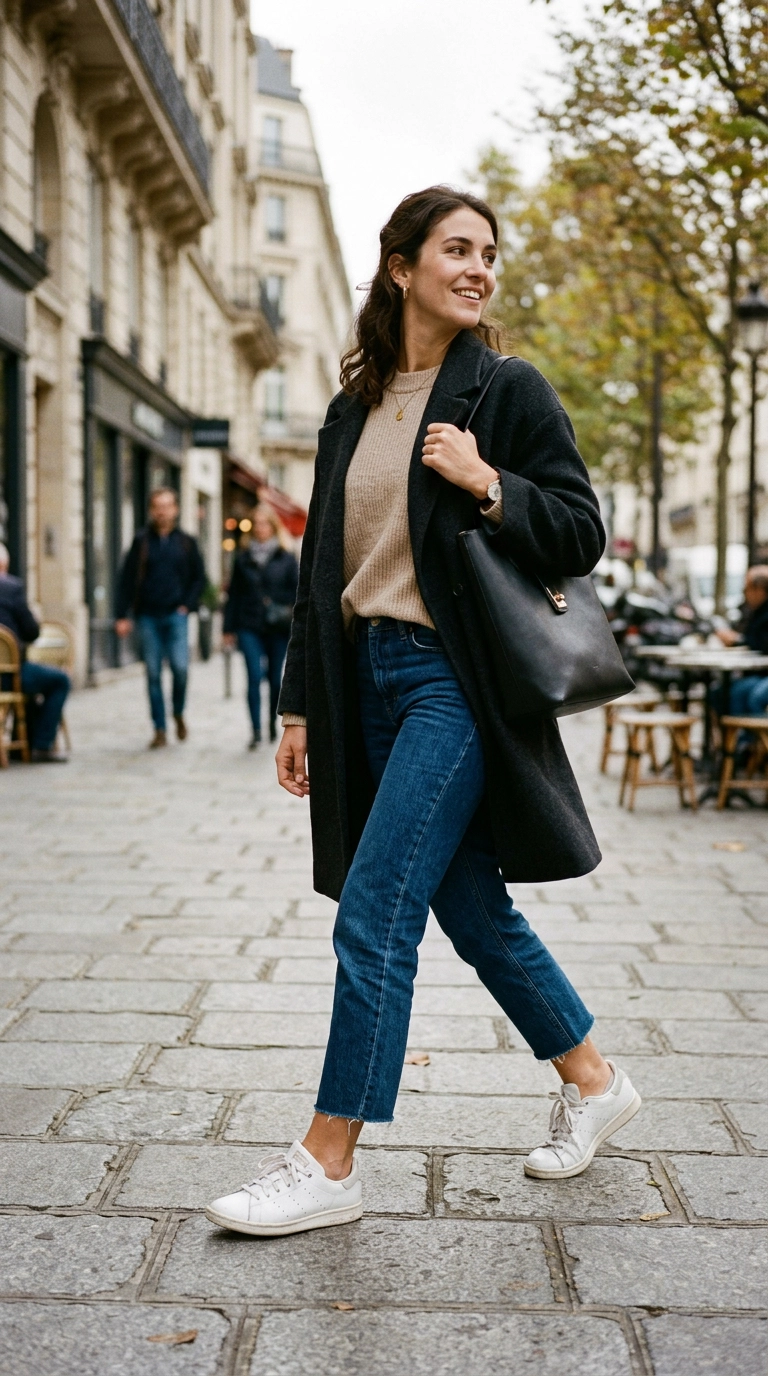 A woman wearing cropped straight-leg jeans that hit just above the ankle, paired with low-top white sneakers. The gap between the hem and the shoe is perfectly balanced. Photorealistic luxury editorial fashion street style, shot on 35mm lens, highly detailed, ultra-realistic, soft natural lighting, editorial aesthetic. No text or typography. --ar 9:16