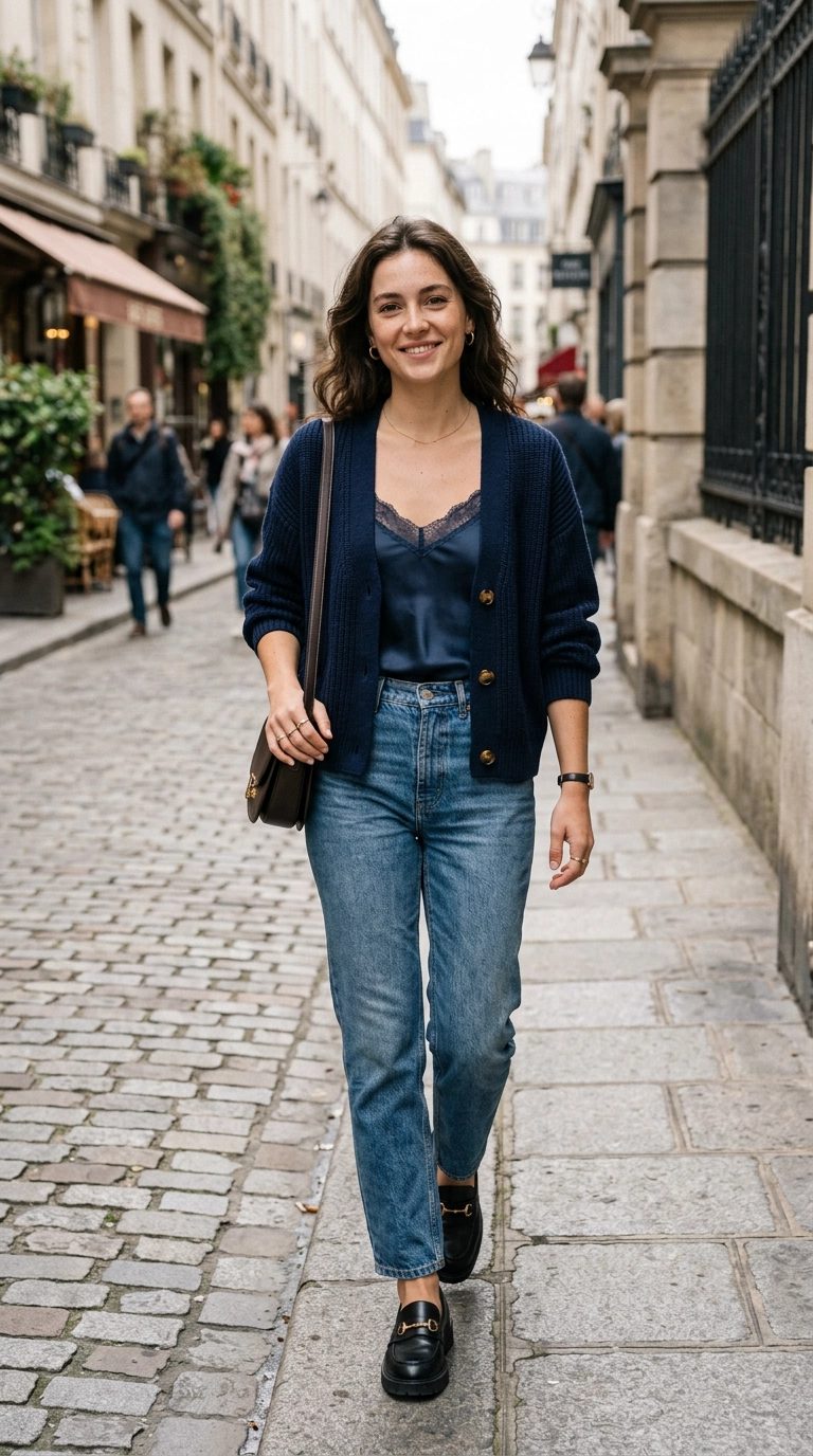 photorealistic luxury editorial fashion street style, shot on 35mm lens, highly detailed, ultra-realistic, soft natural lighting, editorial aesthetic, a woman wearing a navy cardigan with only the middle button fastened, revealing a silk camisole underneath, street style, no text --ar 9:16