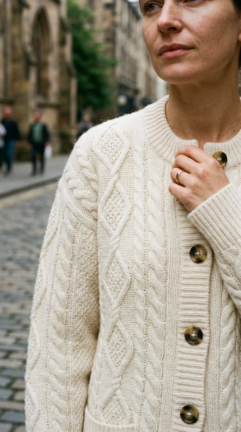 photorealistic luxury editorial fashion street style, shot on 35mm lens, highly detailed, ultra-realistic, soft natural lighting, editorial aesthetic, extreme close up of thick cashmere cable knit texture on a luxury cardigan, no text --ar 9:16